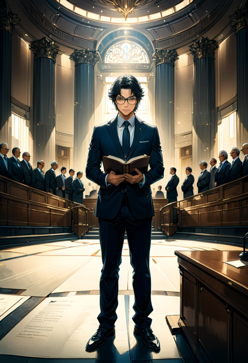 (Wearing Glasses, face), lawyer standing in court, glasses clipped at the tip of the nose, focused on reading, firm gaze, full of professionalism and confidence, with a solemn court background, full body, (Photography), panoramic view, award-winning, cinematic still, emotional, vignette, dynamic, vivid, (masterpiece, best quality, Professional, perfect composition, very aesthetic, absurdres, ultra-detailed, intricate details:1.3)