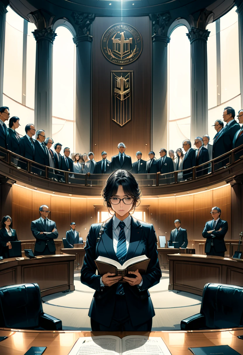 (Wearing Glasses, face), lawyer standing in court, glasses clipped at the tip of the nose, focused on reading, firm gaze, full of professionalism and confidence, with a solemn court background, full body, (Photography), panoramic view, award-winning, cinematic still, emotional, vignette, dynamic, vivid, (masterpiece, best quality, Professional, perfect composition, very aesthetic, absurdres, ultra-detailed, intricate details:1.3)