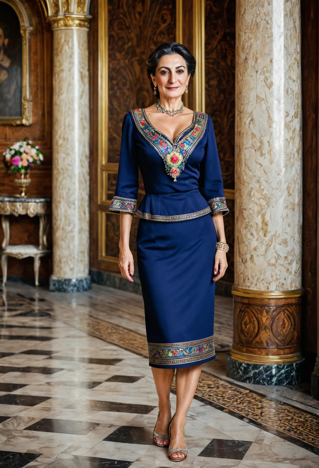woman, age 45 years, Armenian, an aristocrat, Socialite, richly dressed, neckline, skirt, in a palace, Barefoot,