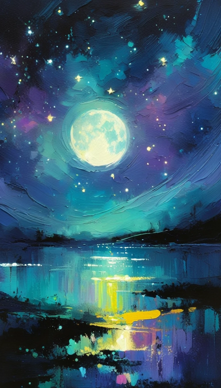 magic, fantastic, night sky, moon, stars, background, (simple oil painting in a style to Bill Sienkiewicz)