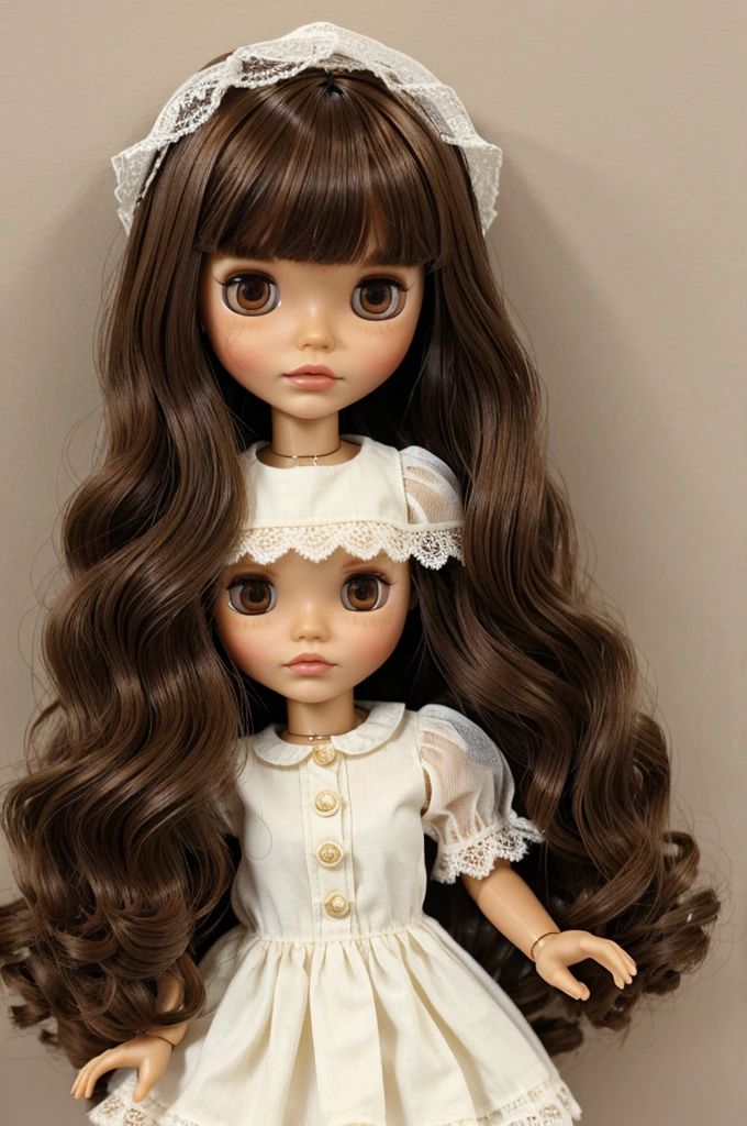 blythe doll wavy brown hair,with bangs, brown eyes and dressed in a brown and white dress