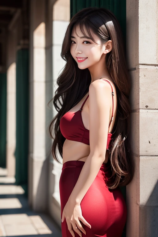 (((True Beauty))), ((Facing forward:1.8))、Black Hair、Round eyes、False eyelashes、Straight hair, Wavy Hair、correct、Deep Red Lipstick、Striped Hair、Brown Hair、Blue Hair、(Gradient Hair)、Asymmetrical Hair、Hair behind the ear、Crossed bangs、Long Hair、((お尻までLong Hair))、Long Hair、Straight bangs、 Silky Hair、Hair up on one side、とんでもなくLong Hair、Light brown eyes、Ring Eye、Round eyes、Wicked Smile、A light smile、Cast a Shadow、(Extraordinary presence:1.5)、Backlight、、最high quality、超High resolution、超High resolution、Very realistic, Textured skin、high quality、最high quality、Awards、32k, stand、stand、Hair folder、Embarrassed laugh、Redness in the ears、Shine、Very detailed、、解剖学的にcorrect、masterpiece、Accentuate your breasts、High resolution、High detail、Long eyelashes、A slight blush、(((Full Body Shot)))、（Hands on hips）、Seductive pose、Eye height 、
