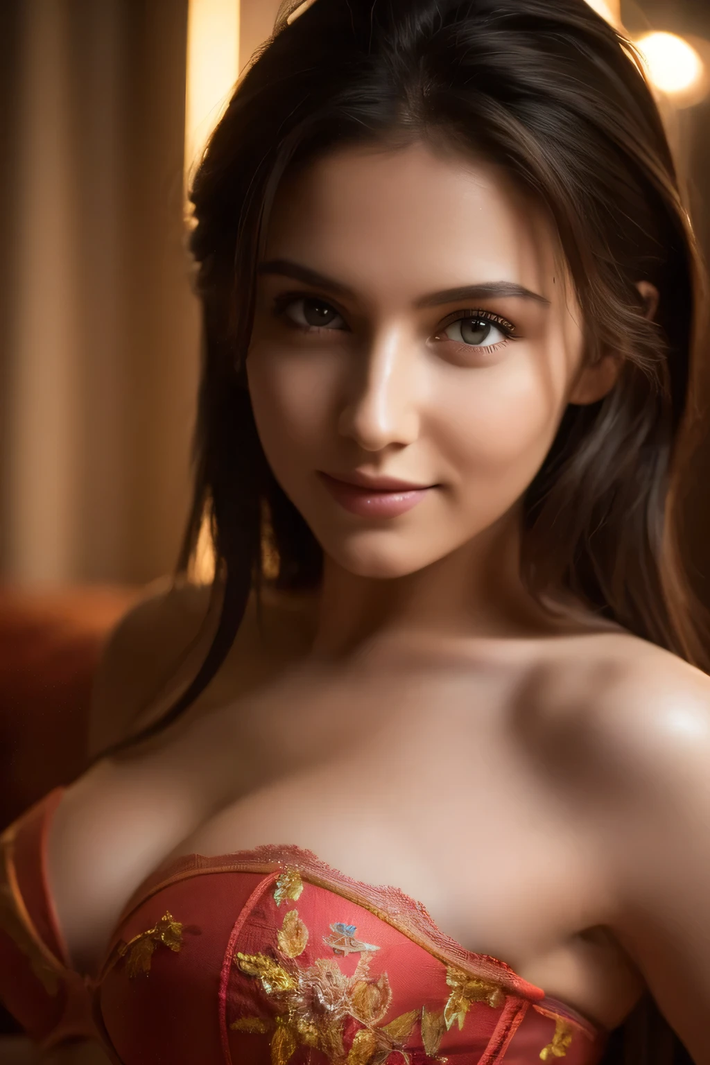 Colorful strapless bra, Ukrainian Beautiful Woman, masterpiece, high quality, realistic aesthetic photo ,(HDR:1.2), pore and detailed, intricate detailed, graceful and beautiful textures, RAW photo,16K, (bokeh:1.1), cinematic lighting, cool tone, focus on girl, 1girl, beautiful face, light-smile, smooth skin, juicy lips, eye_shadow, soft large breasts, ultra detailed, (Subsurface scattering:0.8), high resolution, world-class official images, impressive visual, perfect composition, bed room, Medium Hair