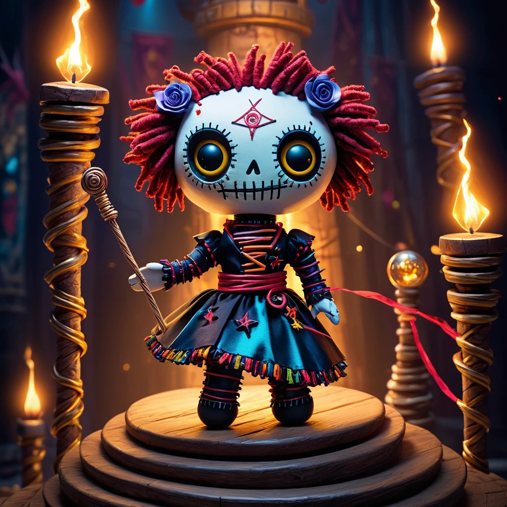 (knitted toy voodoo doll:1.5), (Voodoo on Spiral Tower:1.3), (Clothing: royal attire:1.0), (Accessories: enchanted staff emitting sparks of control magic, levitating spectral guards:1.1), (background: spiral tower with floating steps, glowing banners, and spectral royalty:1.2), best quality, masterpiece, detailed soft oil painting, detailed background, dramatic cinematic lighting, soft edge lighting, professional, dramatic lighting, hard edge lighting, ultra quality, 4k, masterpiece, best quality, 8k, ultra high definition, high resolution, extremely detailed