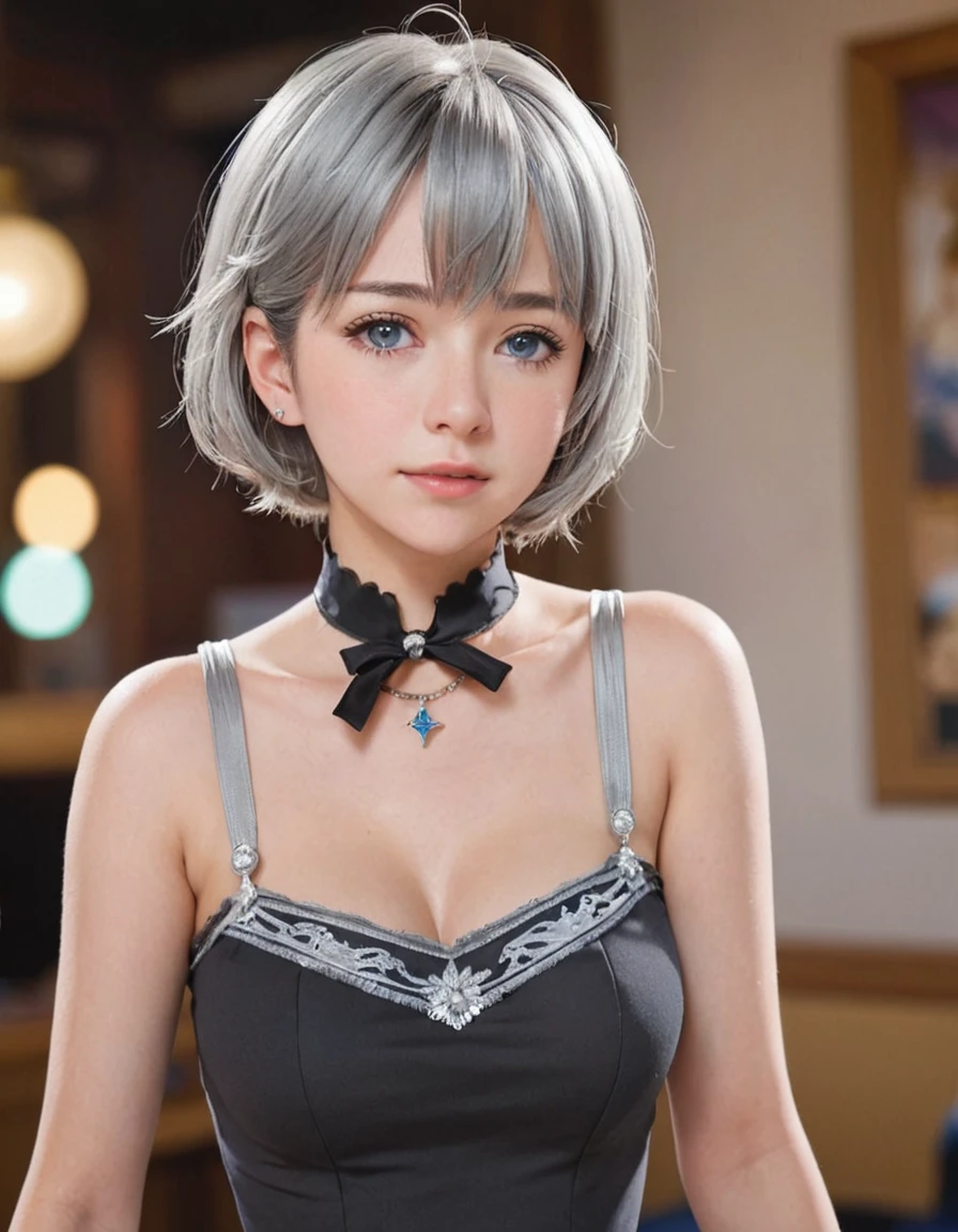 masterpiece, Highest quality, High resolution, One girl, alone, Anastasia (Idol Master), Idol Master cinderella girls, blue eyes, short hair, Grey Hair, Black Dress, Cowboy Shot, , Mouth closed, upper_body,