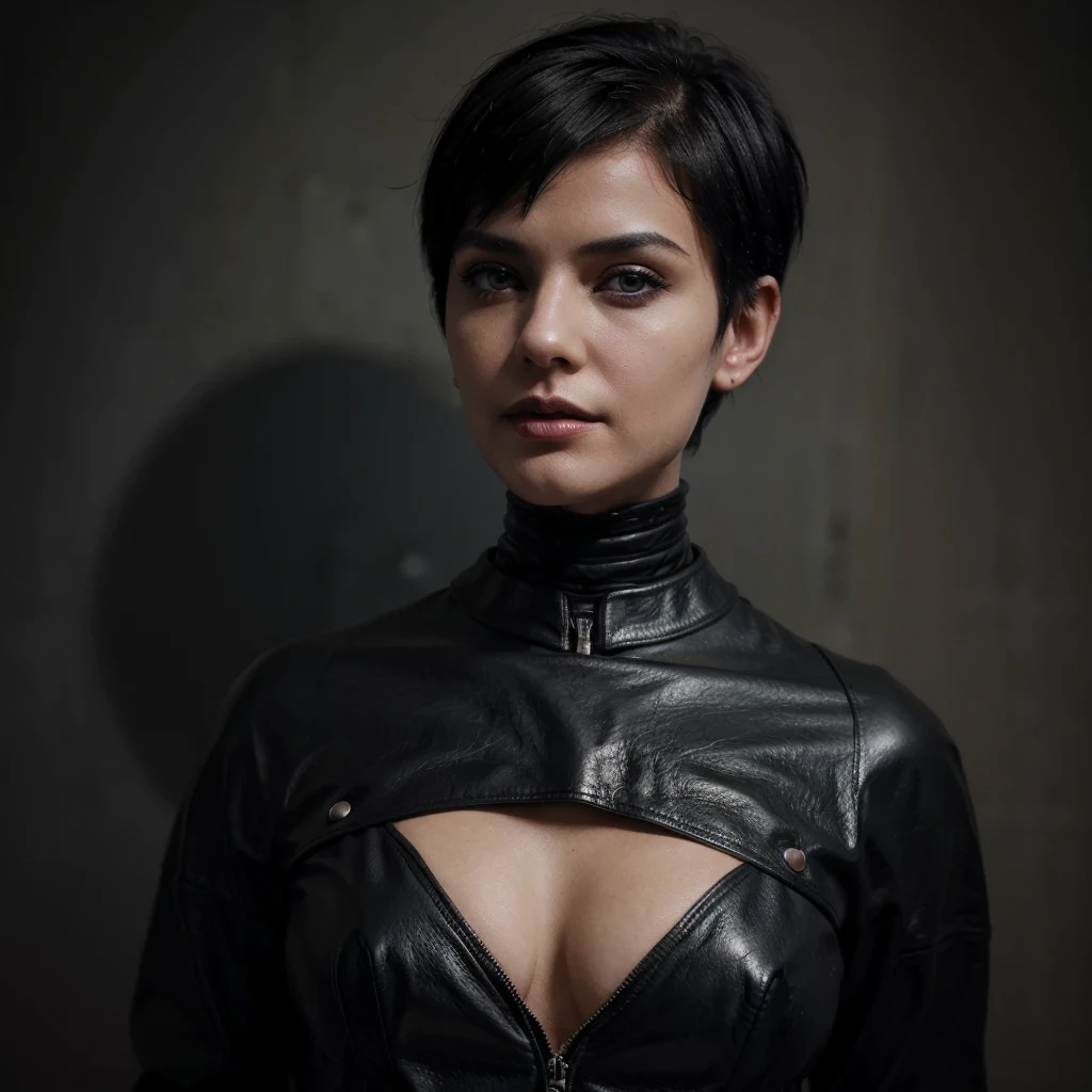 Dark art, Ai robot vampire beautiful girl wearing black leather top and black short and black leather boots in black short hair cut 