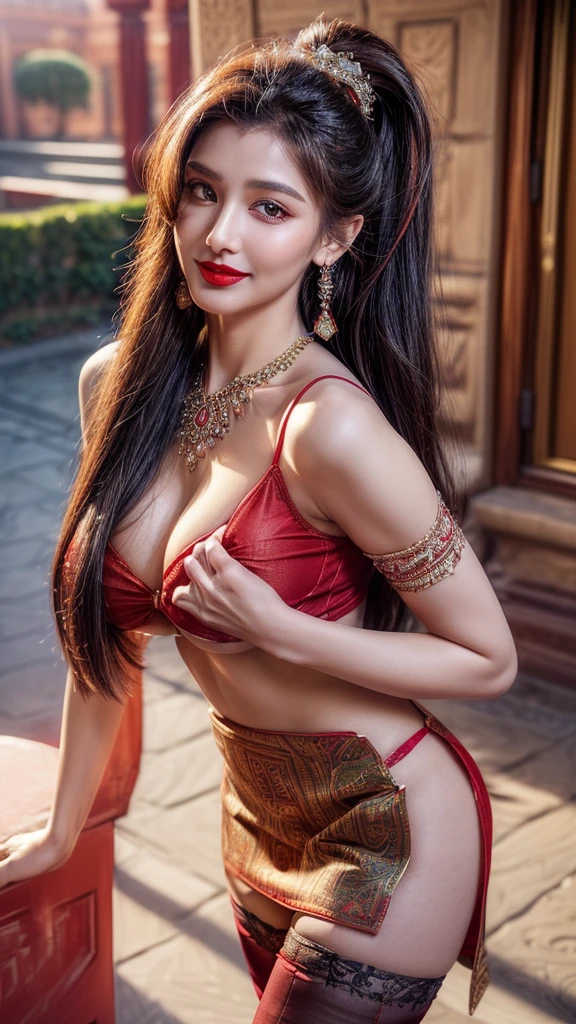 4K, UHD, masterpiece, solo girl, good face, detailed eyes, detailed lips, very long hair, straight hair, very long hair, beautiful hair, bride hair ornaments, hairband, sexy bun with ponytail hair, ((Indian kurta), (photorealistic:1.5), (Realistic big breasts:1.35), (Slender six pack abs), (smile), ((NSFW:0)), ((busty Cleavage)), ((( enchanting body, red lipstick, stockings, Indian courtyard, bold dress, d-cup, breast focus, closeup))), ornaments, necklace, earring, high lighting, depth of field, ray tracing, ultra-realistic detail