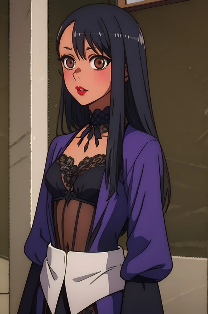 Gothic, Gothic clothing, Black Gothic, Black hair with a Violet shine, slim but sexy, light brown eyes, red lips