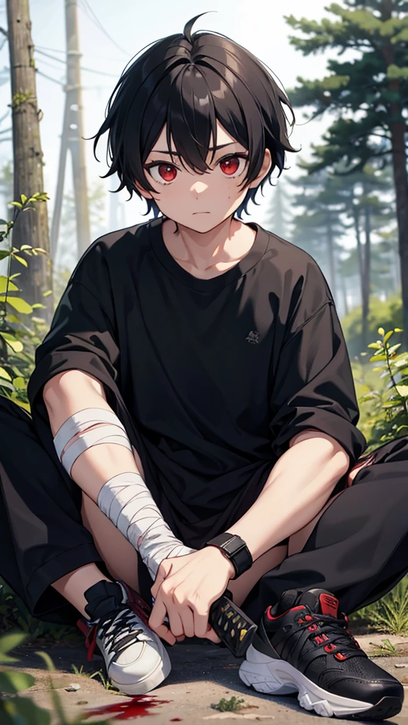 solo, looking Little young boy, at viewer, black hair, red eyes, 1boy, hair between eyes, sitting, full body, weapon, male focus, outdoors, shoes, sword, blurry, sweater, tree, torn clothes, blood, blurry background, bandages, katana, aged down, sneakers, , nature, bandaid, forest, injury, male , bandaged hand