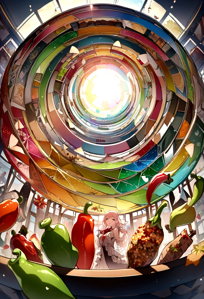 Green pepper、chili、Various spices、Rainbow structure arrangement、High resolution top pictures,Shot by a bird'Viewing angle