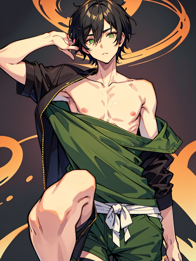 guy with black hair and green eyes. Dressed in shorts. naked torso