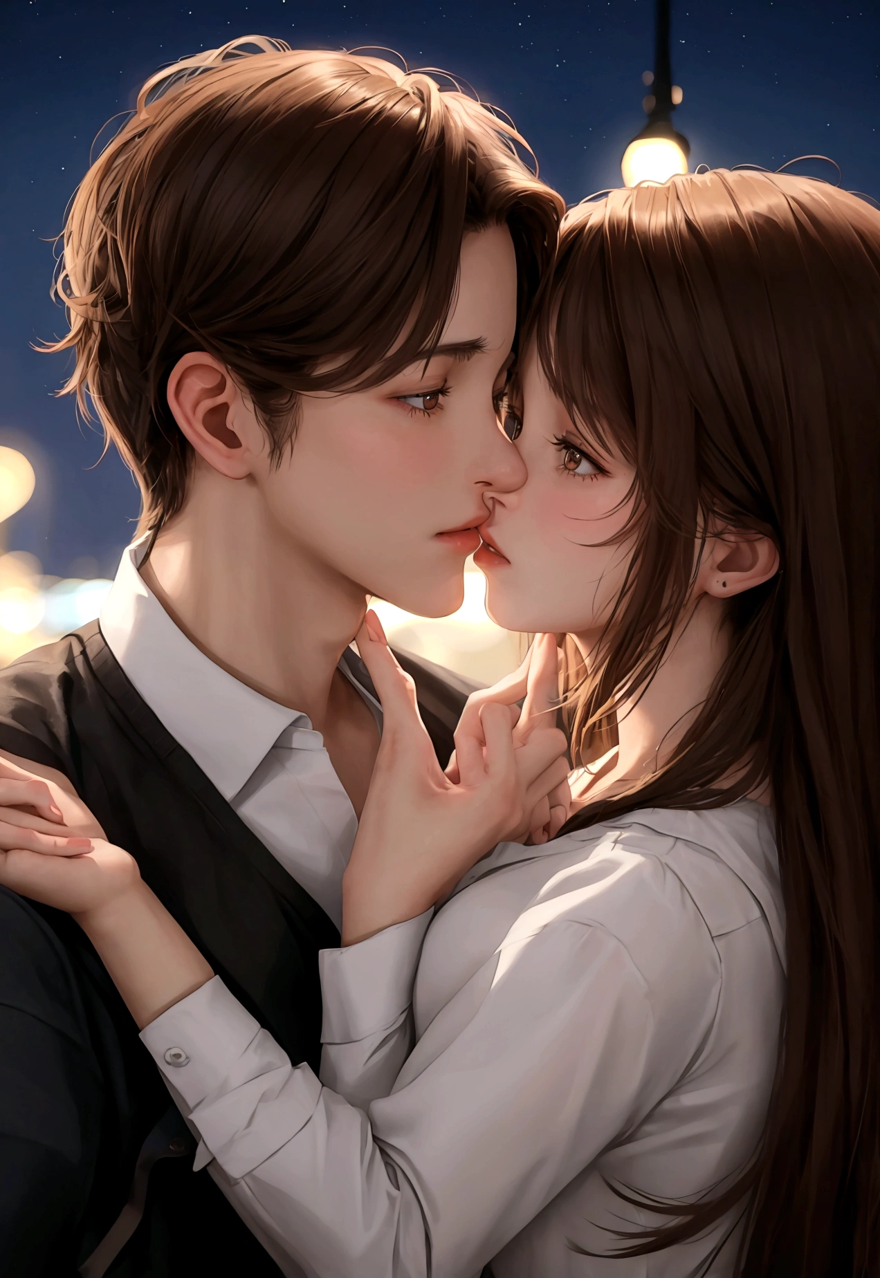 a couple kissing , male and female, brown hair, night time