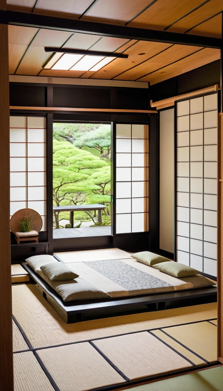 Japanese-inspired capsule bedroom with shoji screen walls, tatami mat flooring, floating futon bed, and a miniature zen garden nightstand