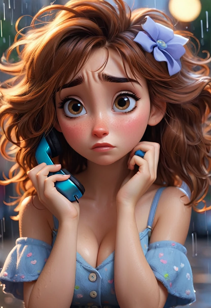 (disney pixar style:1.2) (cute adorable girl:1.1) (adult aged 20:1.), white, hazel eyes, crying, big breasts, cleavage, phone in hand, broken love, messy hair, raining