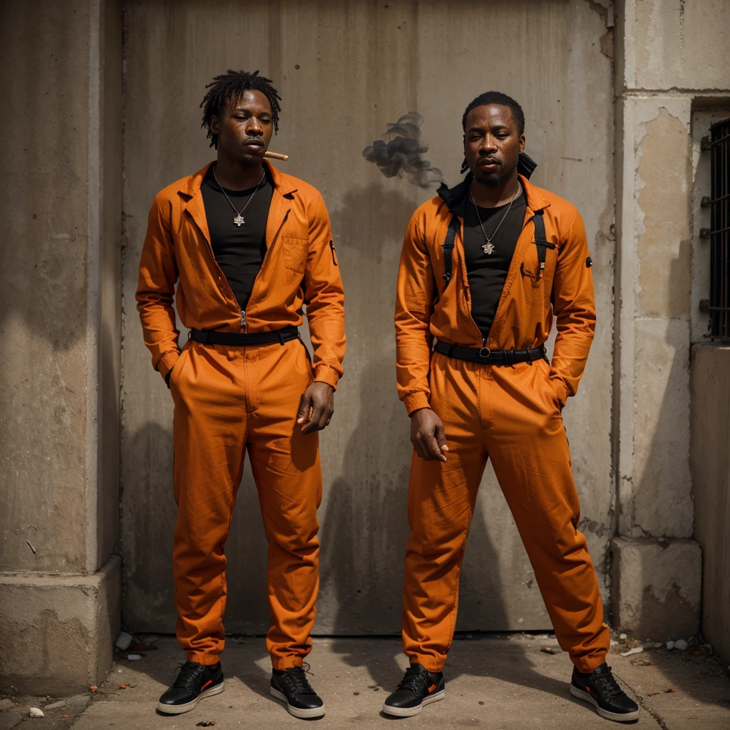 Two Black prisoners in orange jumpsuits smoking cigarettes 