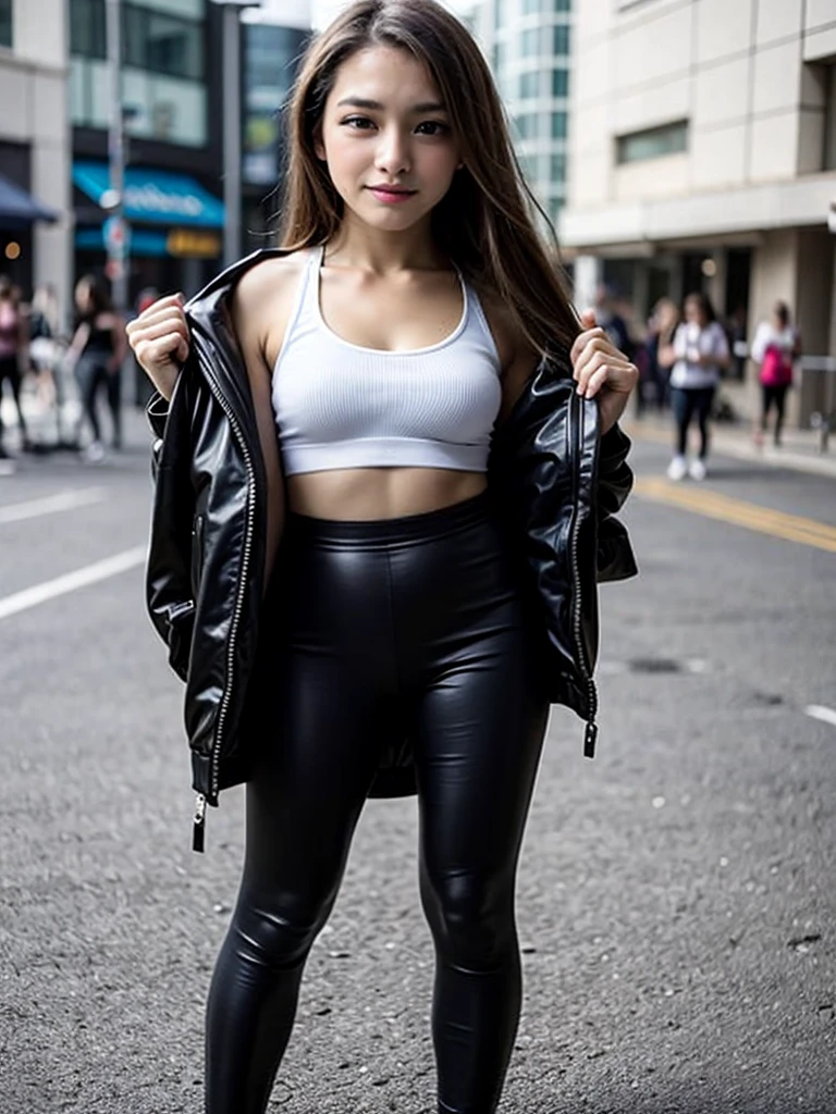 (((Open Stance)))、15 years old、1 Girl, solo, Sports Bra、(((Pedestrian precinct)))、Flight jacket、Squat、White leggings pants、Place your arms behind your back、Beautiful knees、smile、