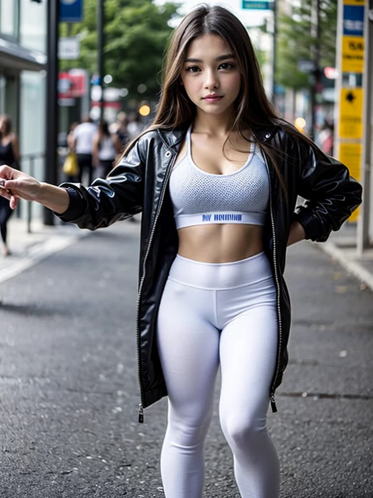 (((Open Stance)))、、1 Girl, solo, Sports Bra、(((Pedestrian precinct)))、Flight jacket、Squat、White leggings pants、Place your arms behind your back、Beautiful knees、smile、