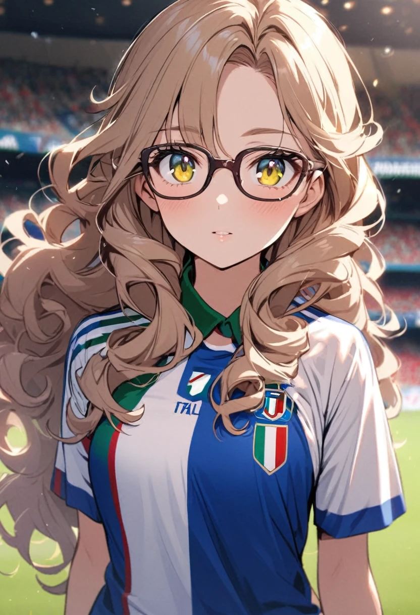 girl, beautiful, curly hair, long hair, yellow eyes, green eyes, soccer shirt, italy soccer shirt, glasses