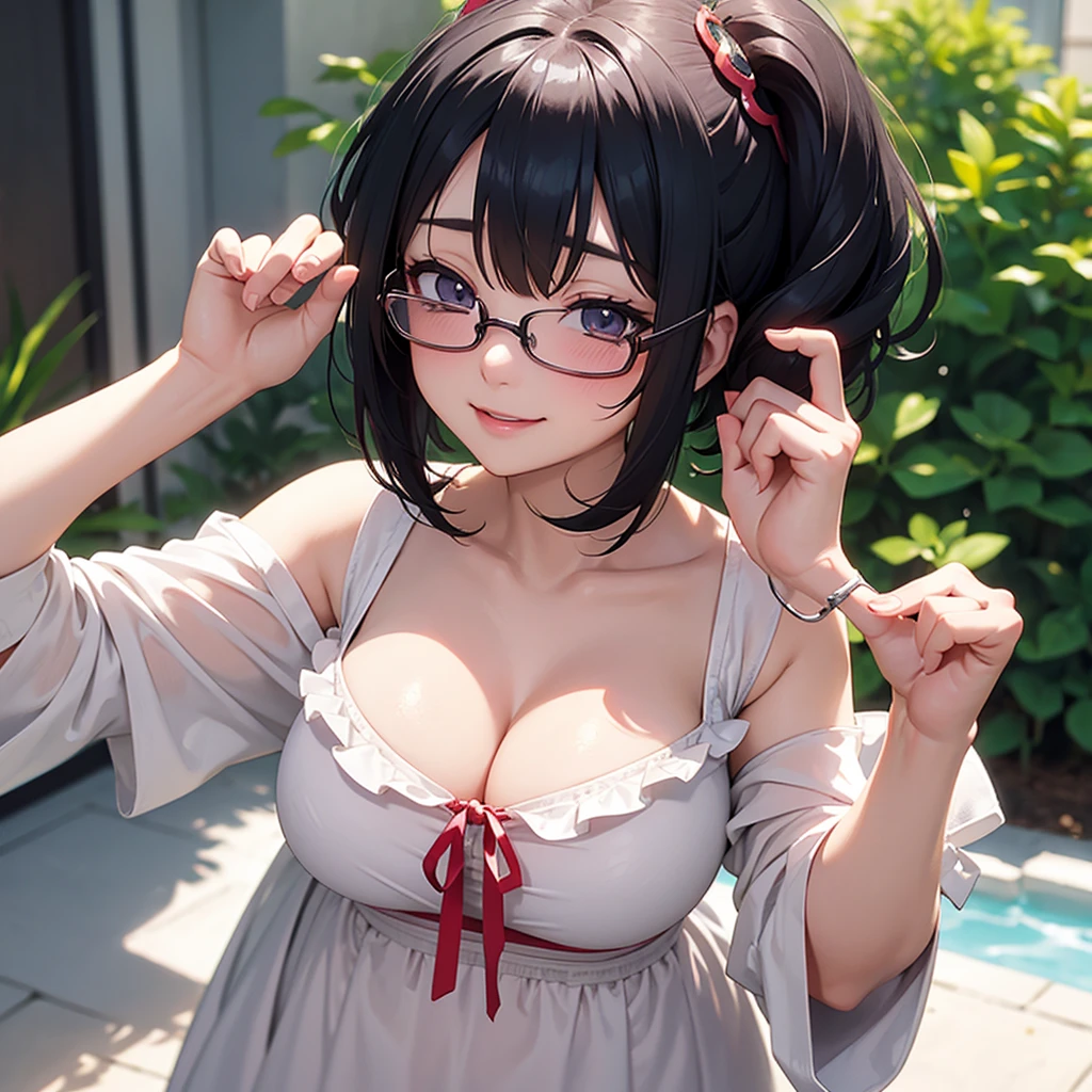 １Characters only。Anime key visual。Chest close-up。 Menhera type short up hair chubby big breasts glasses compensated dating high school girl afternoon dress。 Sexy pose、Tilt your face、slouch、blush、Watery eye、smile。