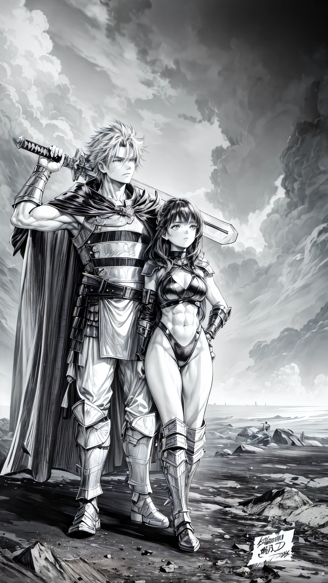 2person, a boy and a girl, standing together, warrior boy in leather outfit and cape holding a giant sword on his back, a girl with long hair wearing a bikini armor and steel shoulder pads,  cloudy sky background, action manga style drawing, muscular boy and girl with athletic body and pretty face, long boots, (add detail), earth and stone floor