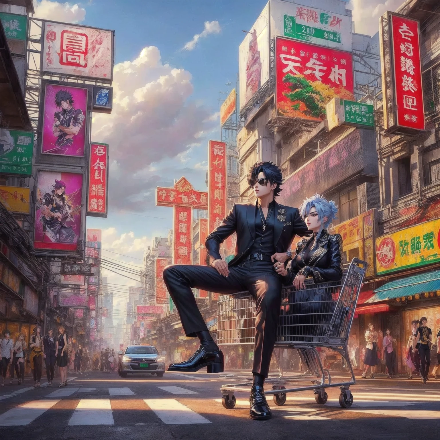 Sharp anime lines, JOJO anime style. , handsome man jojo , Power floor at Yaowarat MV for the song Rock Star by lisa, , rock people ,ชุดrock peopleสุดเท่,Shiny black dress , high resolution , anime style