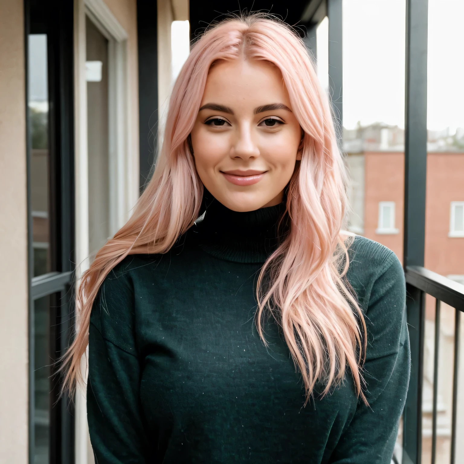 A 23-year-old woman with pink hair., ((medium bust)), ((hyperrealism)) ,. Pink hair with light black roots.. pink hair, Hair with black roots, extra long hair, very long hair, Very long hair, beautiful, front view, autophoto, photo taken with iPhone, elegant green sweater, autophoto on the balcony, high quality, iPhone high definition, huge breasts, shy smile, ultrahd