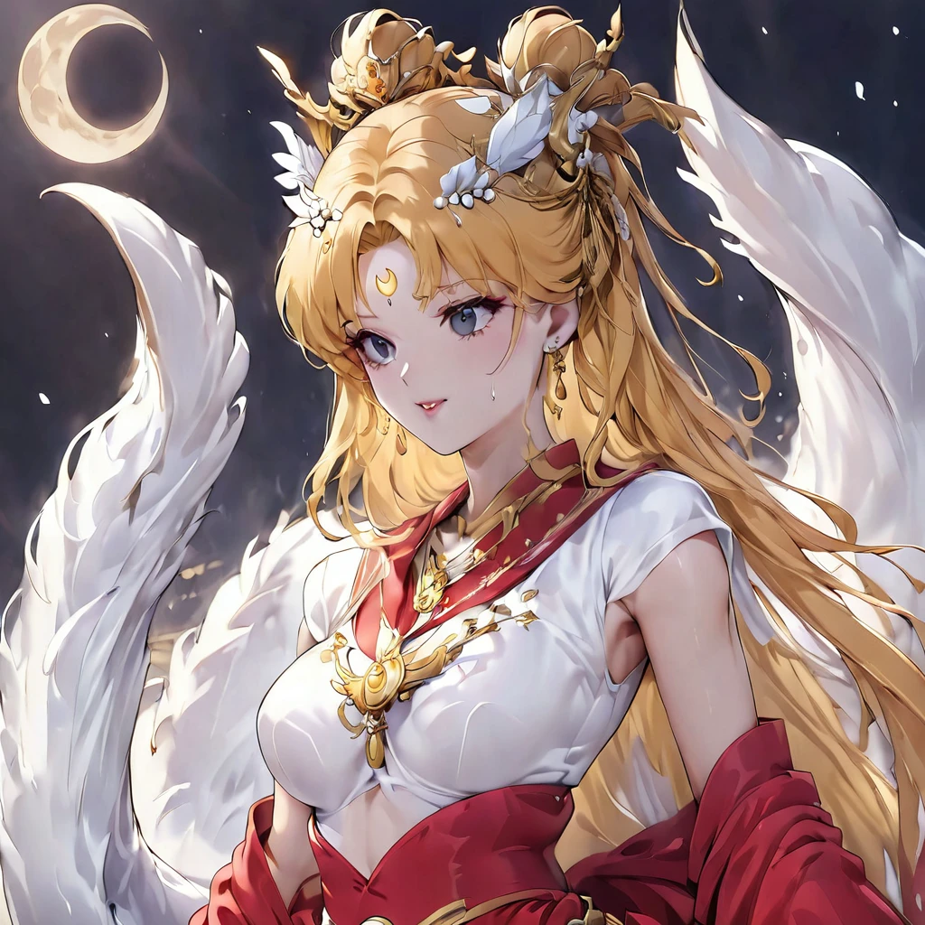 ((Highest quality)), ((masterpiece)), (detailed), （Perfect Face）、The woman has a black inverted crescent moon mark on her forehead, is wearing a gorgeous and glittering red Hanfu, and is an empress wearing a phoenix crown with gorgeous jeweled accessories.、The woman is Black Serenity, the elegant Empress of the Black Moon of the Black Moon Clan, and has blonde hair.２The woman with long hair tied up is Princess Serenity