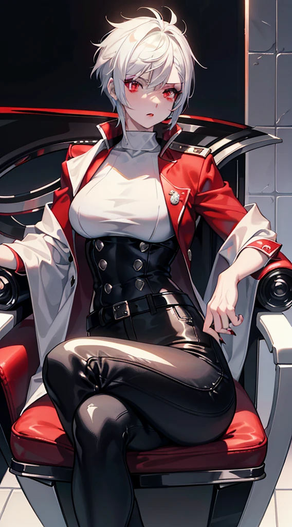 a muscular woman with short white spiky hair, red eyes, black eyeshadow, black lipstick, wearing a white aristocratic jacket, tight black pants, large breasts, claws, sitting on a chair, masterpiece, best quality, 4k, highres, ultra-detailed