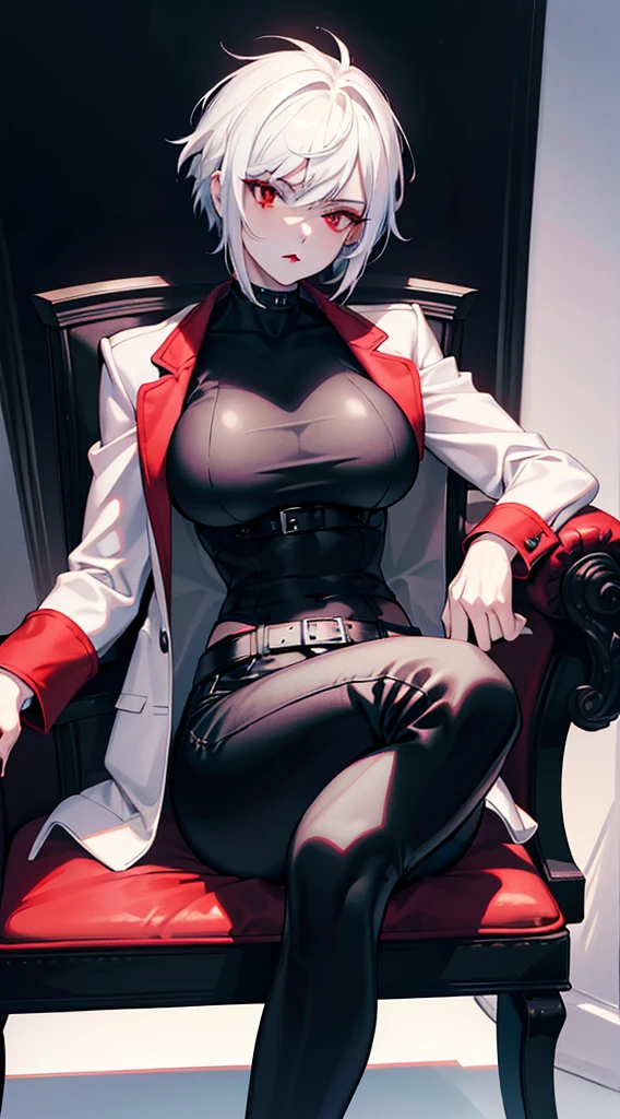 a muscular woman with short white spiky hair, red eyes, black eyeshadow, black lipstick, wearing a white aristocratic jacket, tight black pants, large breasts, claws, sitting on a chair, masterpiece, best quality, 4k, highres, ultra-detailed