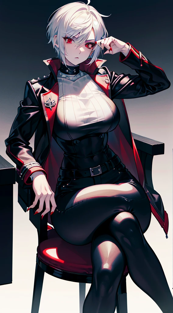 a muscular woman with short white spiky hair, red eyes, black eyeshadow, black lipstick, wearing a white aristocratic jacket, tight black pants, large breasts, claws, sitting on a chair, masterpiece, best quality, 4k, highres, ultra-detailed