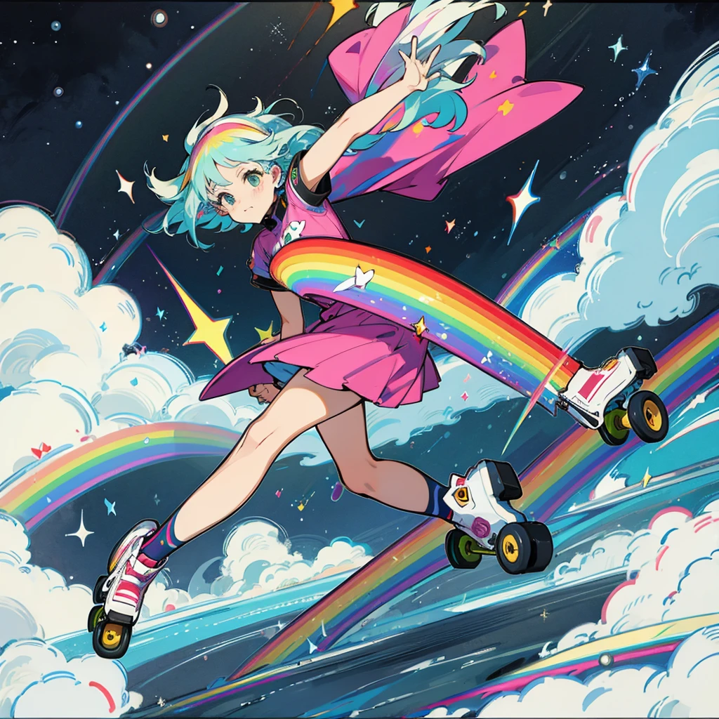 Female, roller skate, space, rainbow