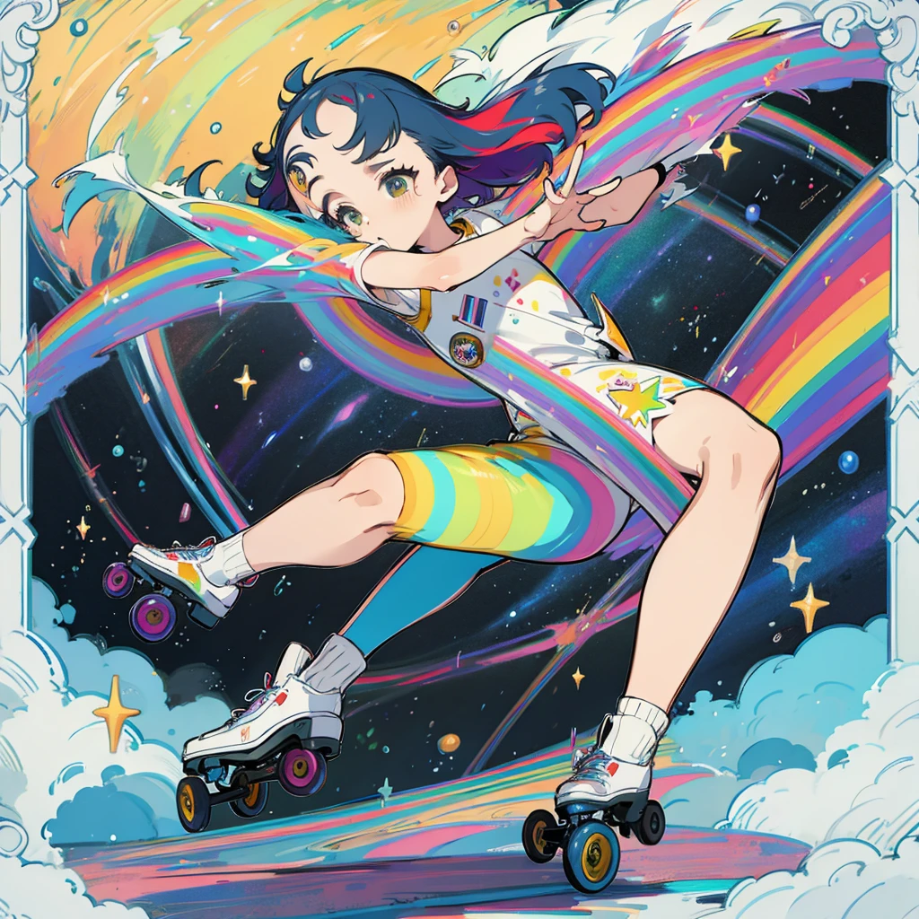 Female, roller skate, space, rainbow