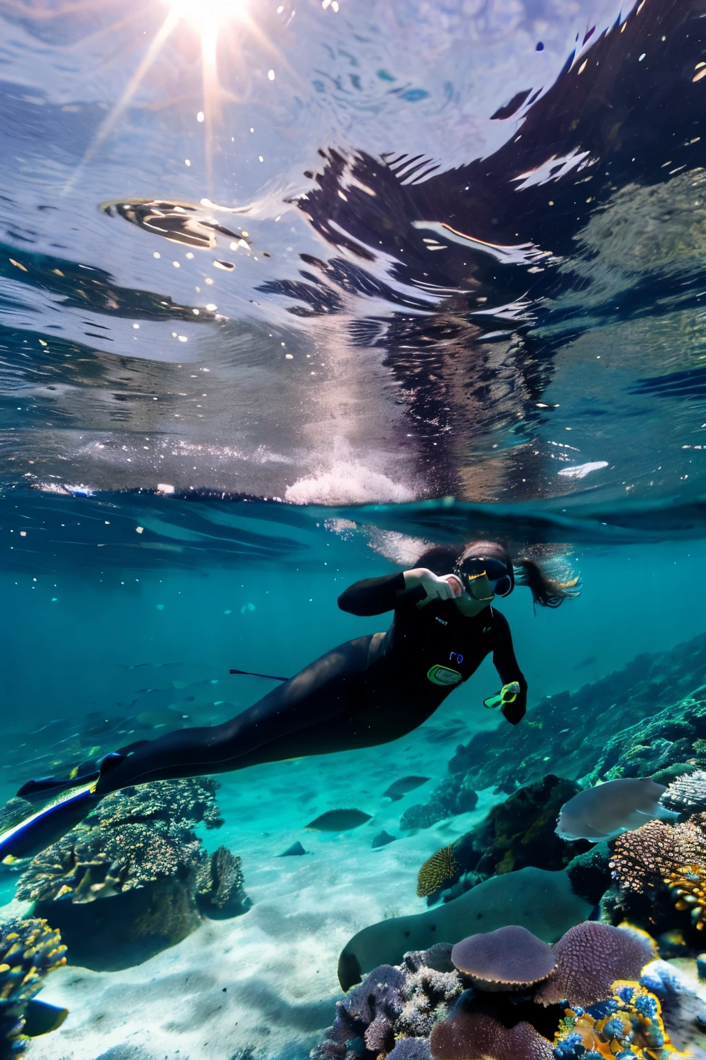 beautiful brunette girl in a wetsuit swims underwater in the ocean, grotto, coral reef, coral fish swim around the girl, Sea turtle, a whale swims in the background, the sun's rays break through the water