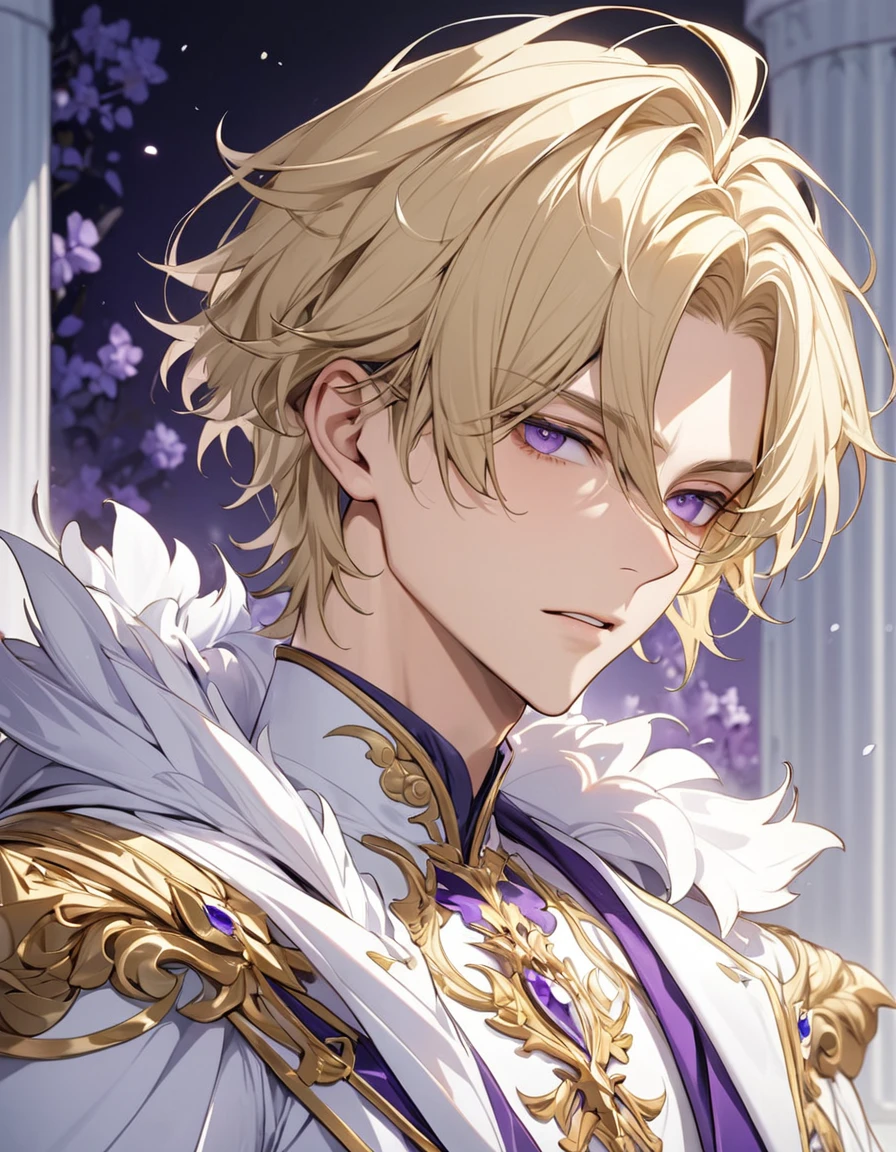 Masterpiece, Top quality动漫插图, Very detailed, Extreme details, 16K, 2.5D, delicate and dynamic, 1 male youth, 25 years old, Blonde short hair, Purple Eyes, Proud Prince, Finely minced bangs, Attractive appearance, Cold expression, Optimal body proportions, Gorgeous white clothing and golden accessories, Royal Gardens + background, Top quality, Perfect image quality