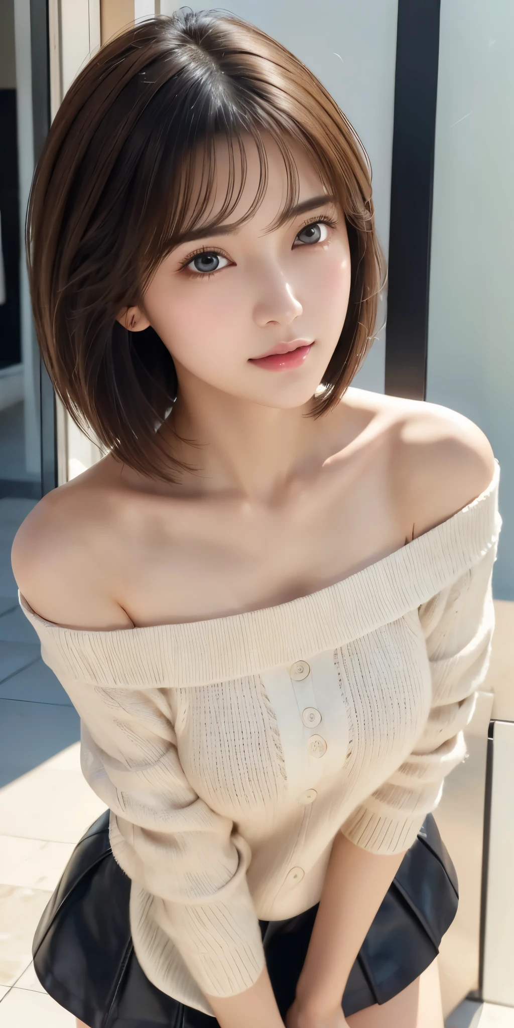 Photorealistic、Highest quality、Highest quality、masterpiece、Ultra-high resolution、Raw photo、Realistic、Bright lighting、Face Light、Smooth Professional Lighting、Looking at the camera、alone、Adult women、Beautiful woman、Super Beauty、Realistic肌、Moisturized Skin、Realistic eyes and faces、Perfect model body shape、Beautiful Eyes、Big eyes、Inconspicuous tear bags、slim、Big Breasts、No bra、No makeup、Beautiful fingers、Very short hair、Black Hair、Black Eye、looks fun、(Both ears are hidden in the hair)、Off-shoulder white sweater、Beautiful skin visible from the shoulders、Red leather short skirt、
