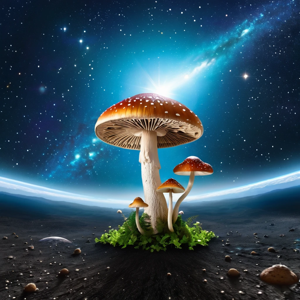 holy space mushroom on space background photorealistic, feeling omnipotence of the mushroom and feeling that the mushroom is god
