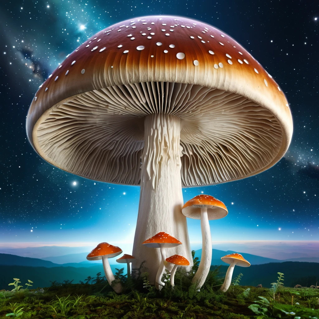 holy space mushroom on space background photorealistic, feeling omnipotence of the mushroom and feeling that the mushroom is god