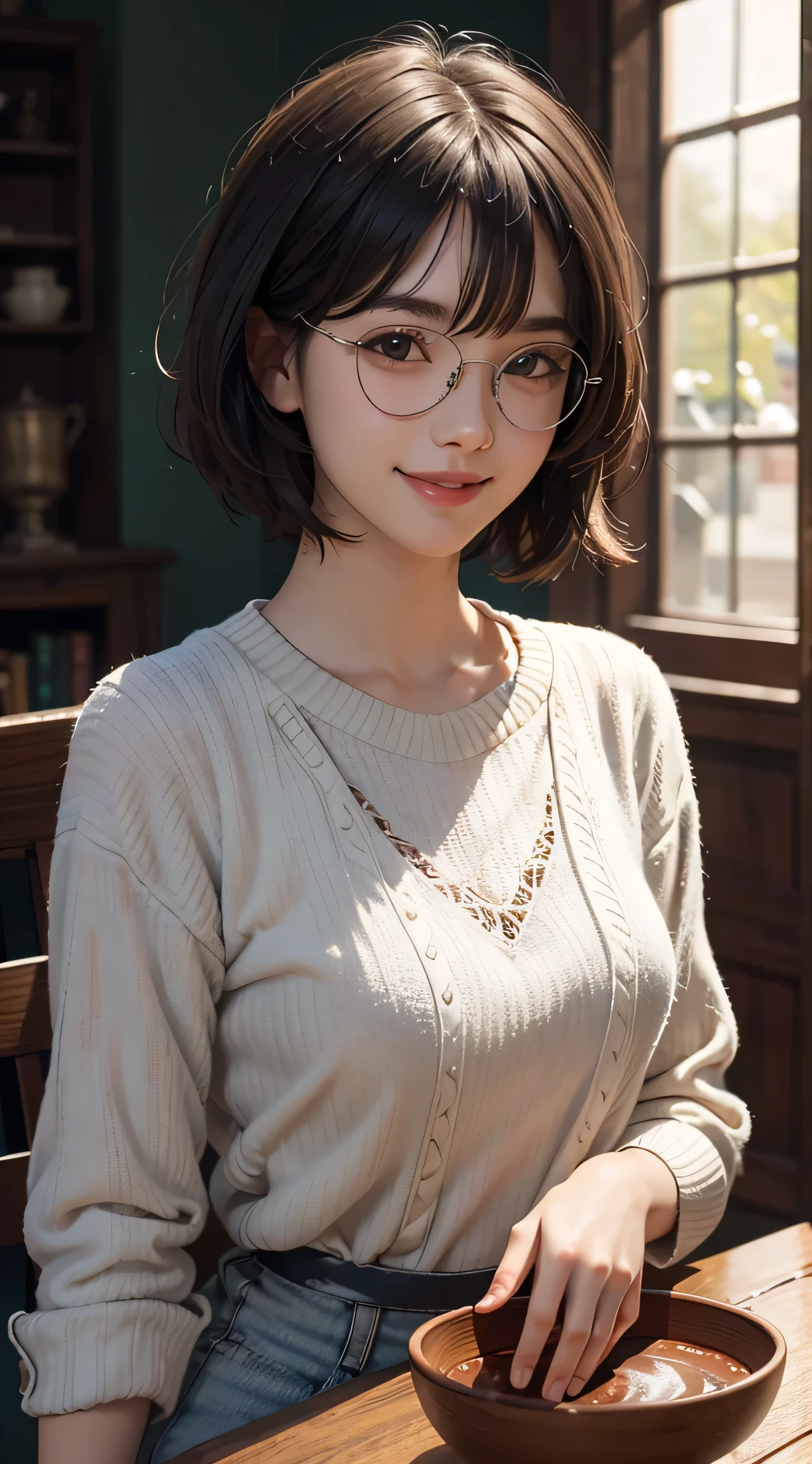 bowl cut, smile, rimless eyewear, UHD, retina, masterpiece, ccurate, anatomically correct, textured skin, super detail, high details, high quality, best quality, highres, 1080P, HD, 4K, 8k, 16k