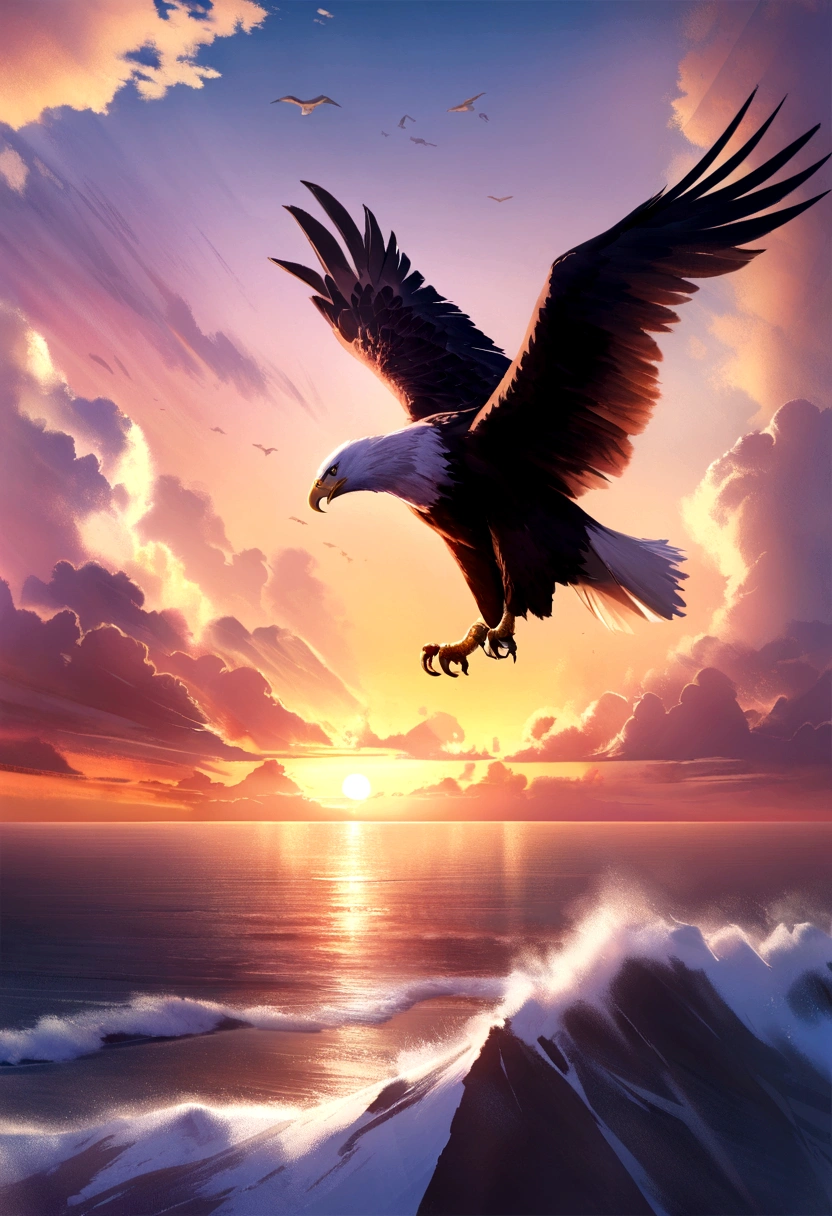 (Extremely detailed CG 8k unity wallpaper, work of art, best qualityer), stunning sunset, majestic eagle flying on the horizon realistic