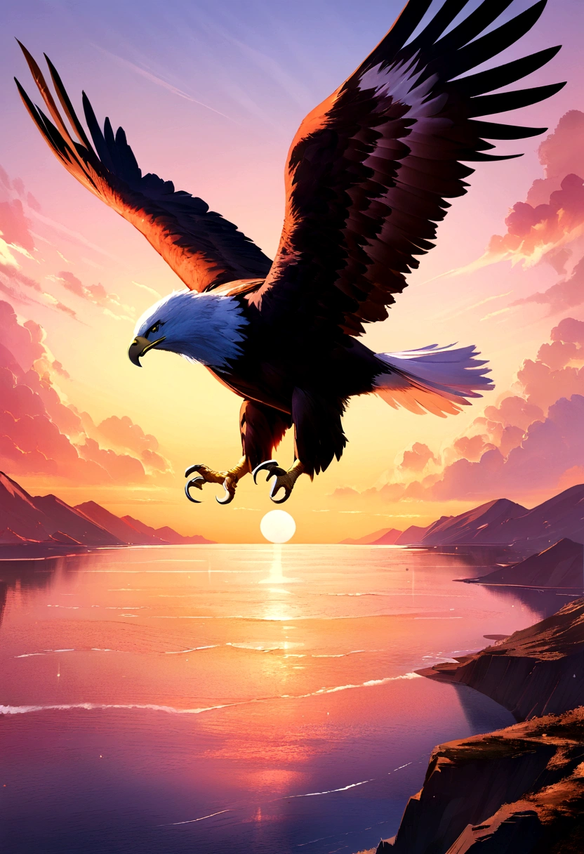 (Extremely detailed CG 8k unity wallpaper, work of art, best qualityer), stunning sunset, majestic eagle flying on the horizon realistic