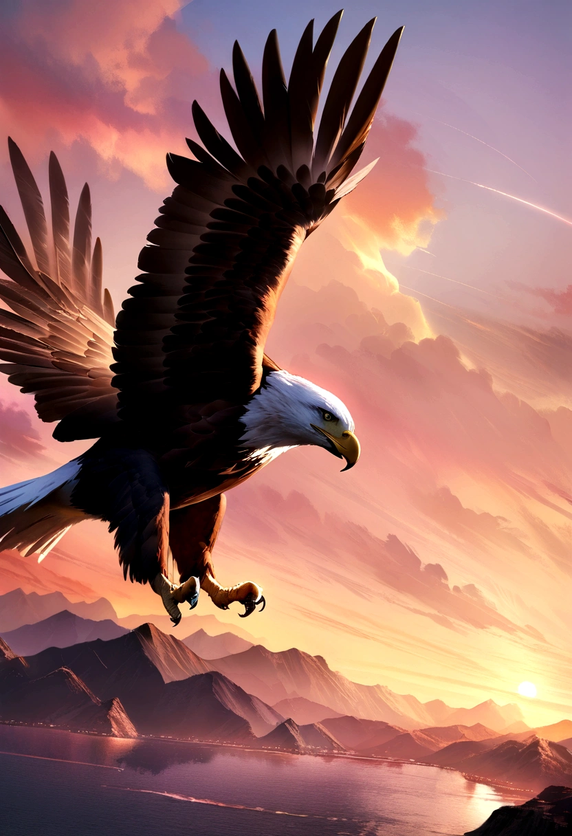 (Extremely detailed CG 8k unity wallpaper, work of art, best qualityer), stunning sunset, majestic eagle flying on the horizon realistic