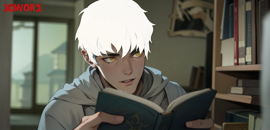 19-year-old man with white hair and yellow eyes, he has a black tunic, he is reading an old book, behind him you can see an old library.