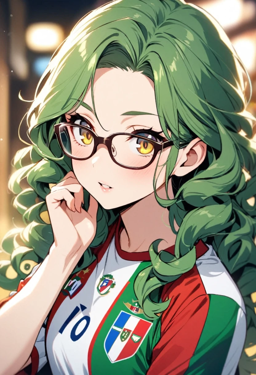 girl, beautiful, curly hair, long hair, yellow eyes, green hair, soccer shirt, italy soccer shirt, glasses