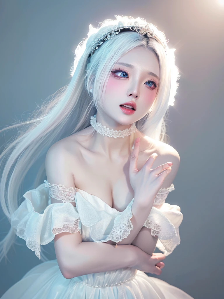 White Background、Professional Lighting、(((Professional Lighting 1.5)))、Translucent skin texture、Clear Skin、Beautiful Skin、、Off the shoulder、White Dress、Ecstasy of Musical Notes、