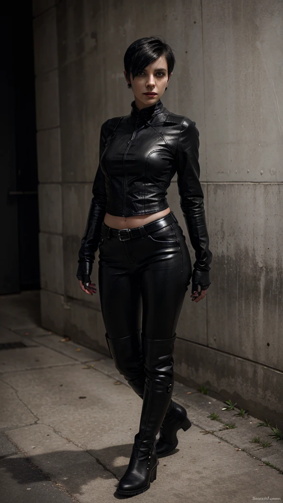 Dark art, Ai robot vampire beautiful girl wearing black leather top and black short and black leather boots in black short hair cut 