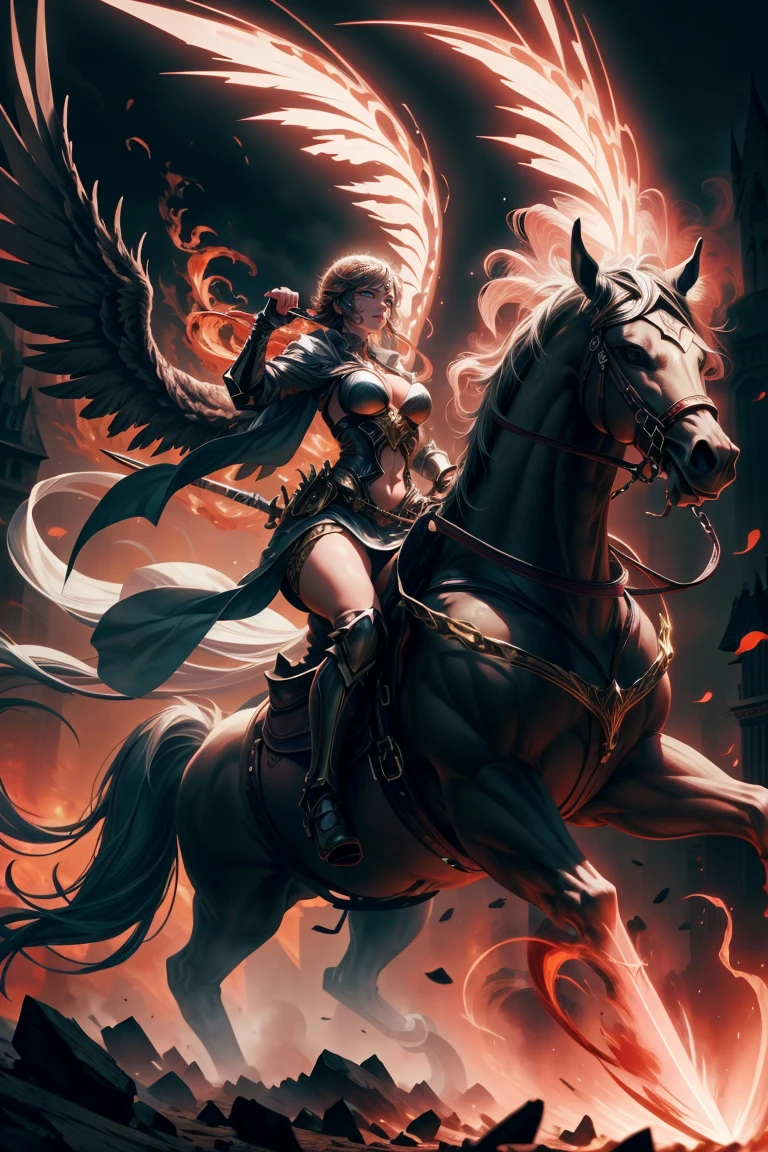 sensual rider woman on her horse, with a flaming sword