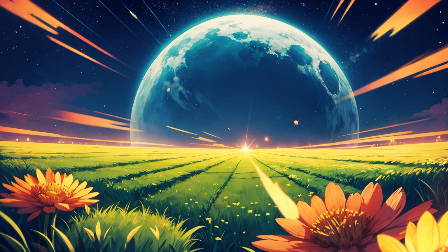 Cartoon anime empty vast open field night view