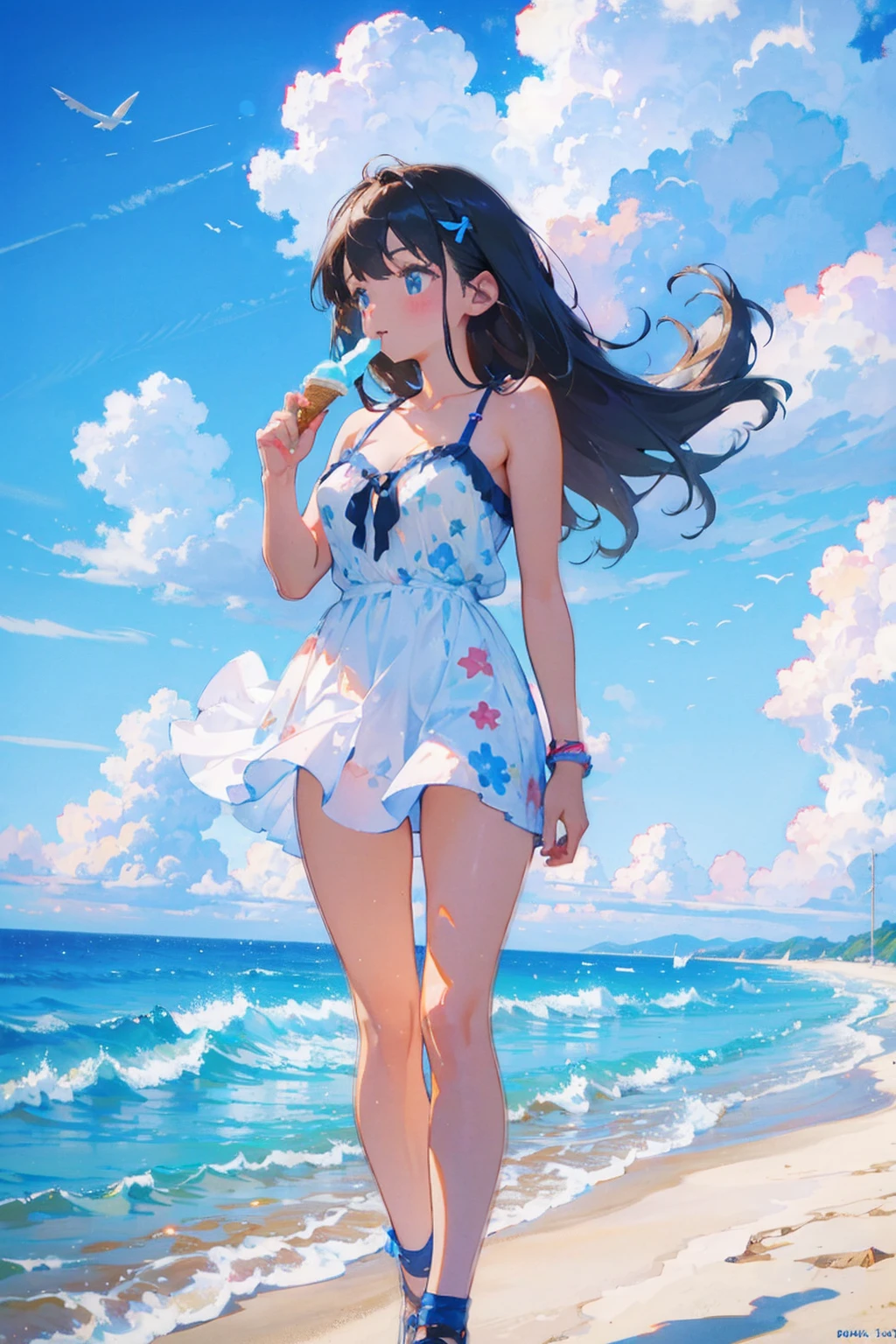 A girl eating ice cream on the beach, blue sky, clouds, beautiful, summer