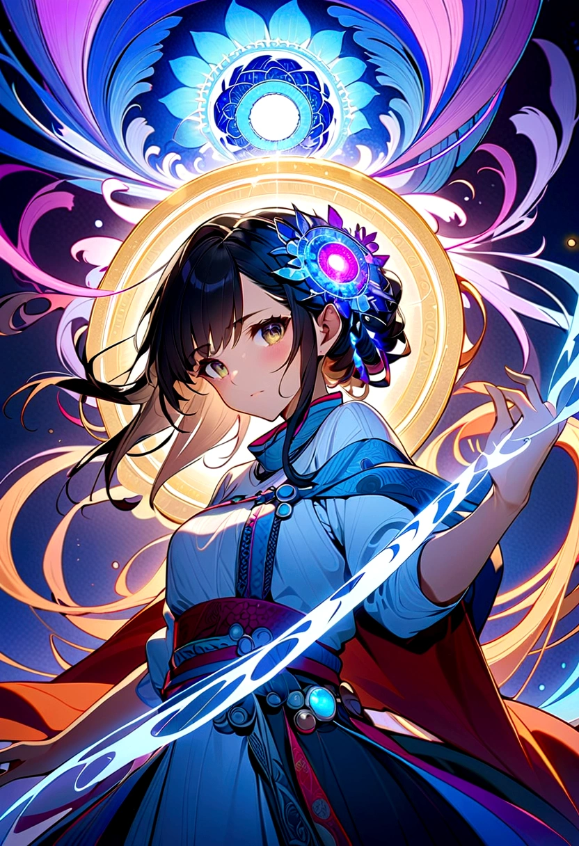 (masterpiece, Top quality, best quality, Official Art, beautiful and aesthetic:1.2), 1 Girl, Extremely detailed,(Fractal Art:1.2),rich and colorful,The most detailed,(tangled:1.2), Dynamic poses, Blue Background, (Traditional clothing:1.2), Glowing skin, Many colors, Upper Body