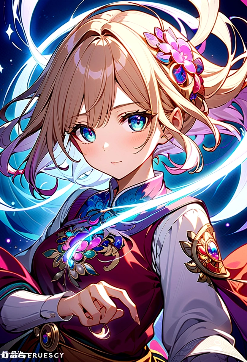 (masterpiece, Top quality, best quality, Official Art, beautiful and aesthetic:1.2), 1 Girl, Extremely detailed,(Fractal Art:1.2),rich and colorful,The most detailed,(tangled:1.2), Dynamic poses, Blue Background, (Traditional clothing:1.2), Glowing skin, Many colors, Upper Body